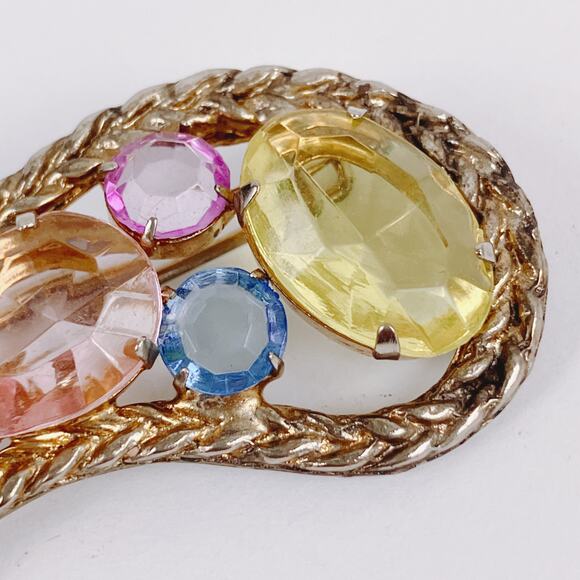 VTG 40s 50s Mid Century Lucite Paisley Brooch Gold Tone Multicolor Pin Sparkly - Picture 6 of 10